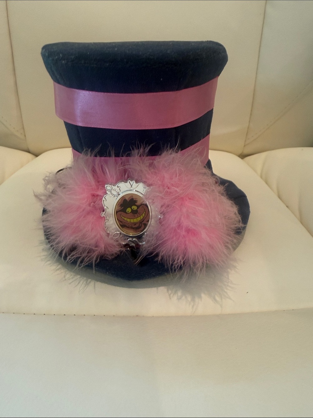 Disney Mad Hatter Black Velvet Top Hat with Pink Ribbon & Pink Feather Accents